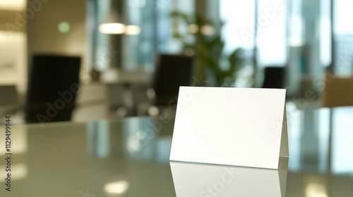 Wallpaper Mural Standing blank card on a glass desk in a corporate office environment. business identity design Torontodigital.ca