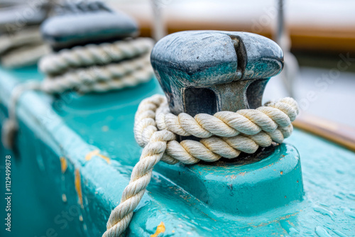 Close-up of nautical rope and mooring bollard on teal boat deck in harbor photo