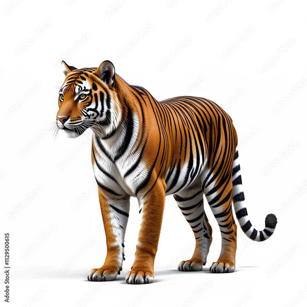 Fototapeta premium Tiger isolated on a white background, Side view, tiger standing full HD image generated by Ai. full body, realistic, full detail looking at the camera, 