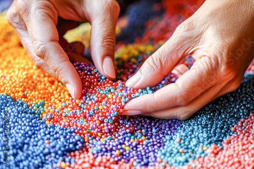 Female hands arranging colorful beads in artistic pattern on vibrant surface photo