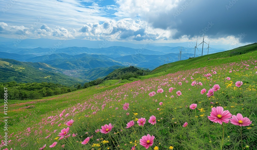 Obraz premium AI generated image of wind turbine generating electricity Located near the mountains and near a water source