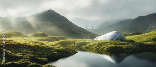 AI generated image of wind turbine generating electricity Located near the mountains and near a water source photo