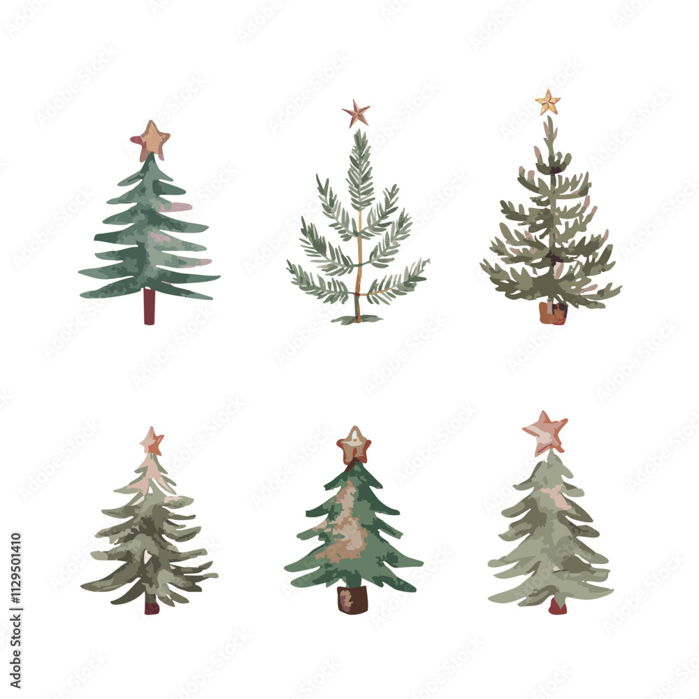 Obraz premium Christmas tree with Star Illustration, minimalist design, elegant watercolor illustration