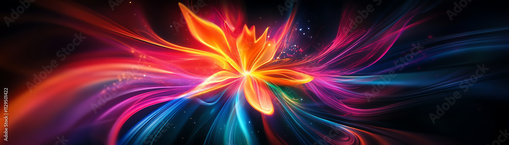 Vibrant abstract flower illustration with colorful light trails and dynamic energy. Vibrant abstract flower illustration with colorful light trails and dynamic energy.