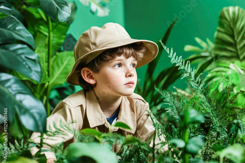 Fototapeta Naklejka Na Ścianę i Meble -  Young caucasian boy in safari outfit exploring lush jungle environment
