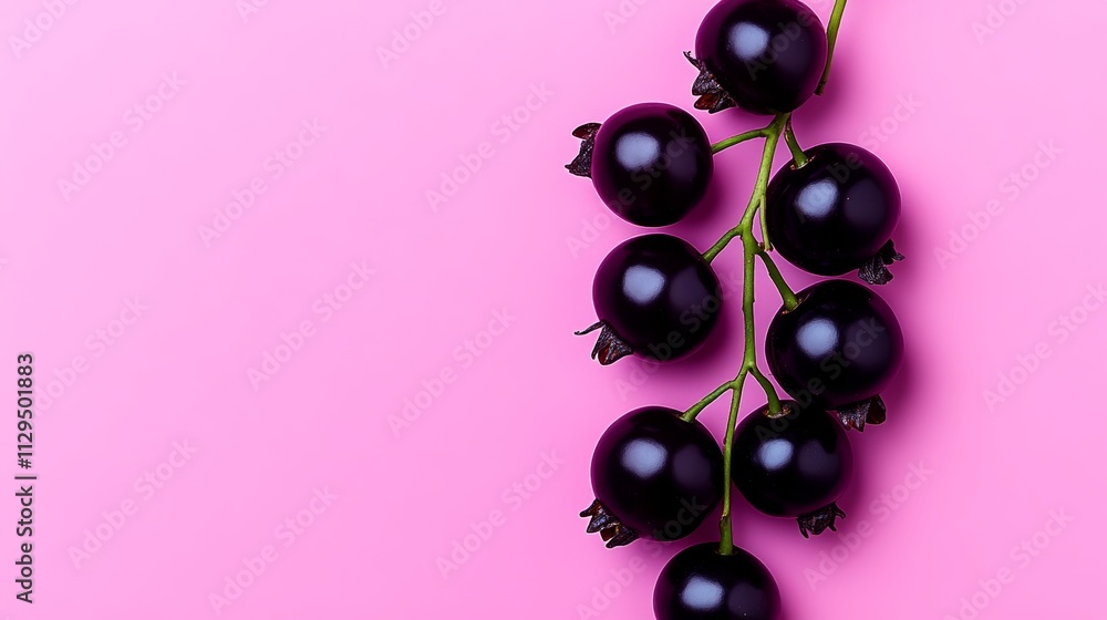 Cluster of black berries on a pink background. The berries are small and round, and they are clustered together on a stem. The image has a simple and elegant feel Cluster of black berries on a pink background. The berries are small and round, and they are clustered together on a stem. The image has a simple and elegant feel