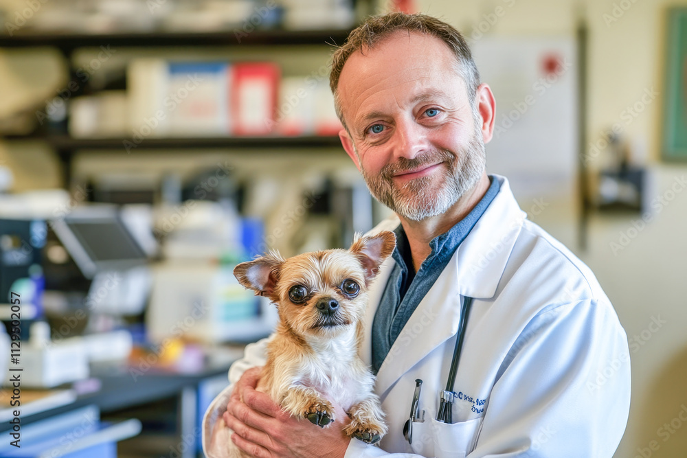 Caucasian male veterinarian with small dog in veterinary office setting