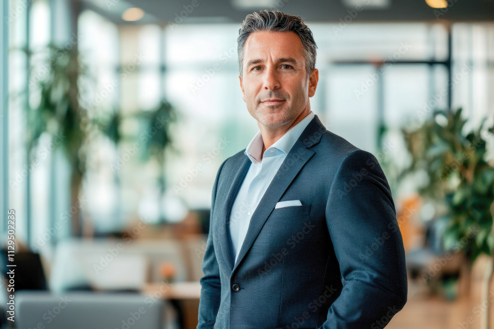 Confident caucasian male adult in business attire in modern office setting Confident caucasian male adult in business attire in modern office setting