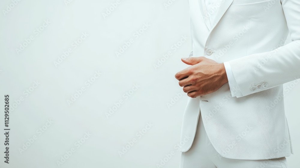 White suit, textured fabric, hand adjusting. White suit, textured fabric, hand adjusting.