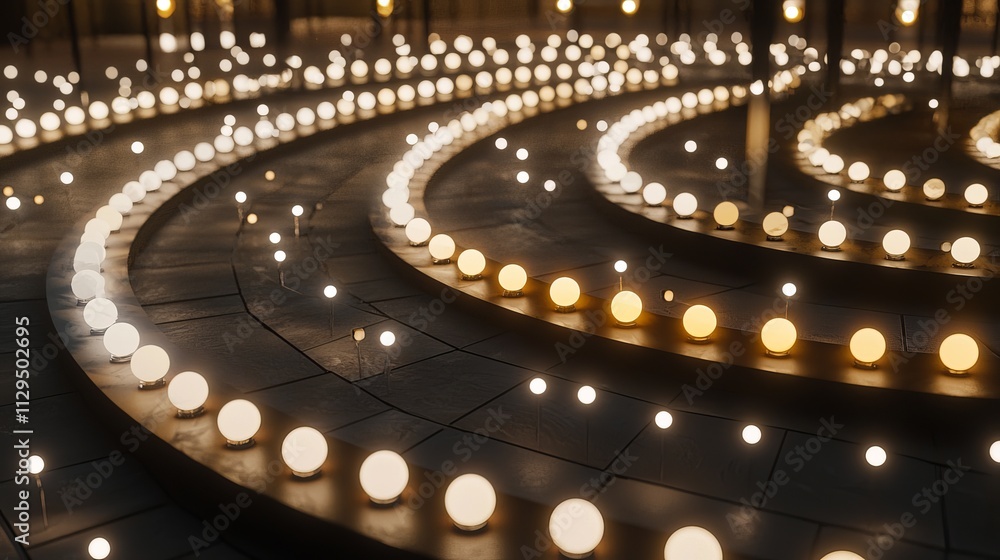 Obraz premium Enchanting spiral pathway illuminated by soft, glowing lights in warm tones, creating a mesmerizing ambiance.