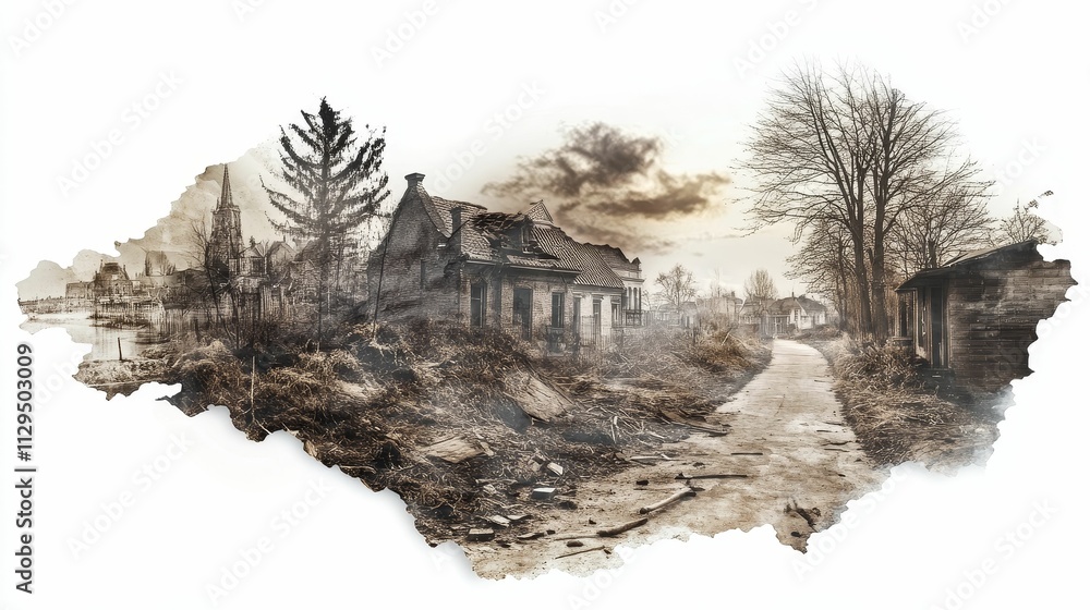 Ruined buildings, desolate road, sepia-toned landscape. Ruined buildings, desolate road, sepia-toned landscape.