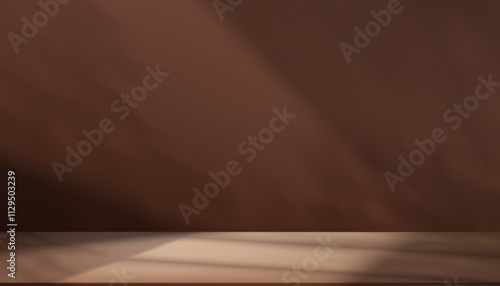Brown Background,Studio with shadow leaves on Podium Display for Autumn Product present,Fall Backdrop Display Room with Light Effect on Bronze floor,Minimal Scene Cosmetic product