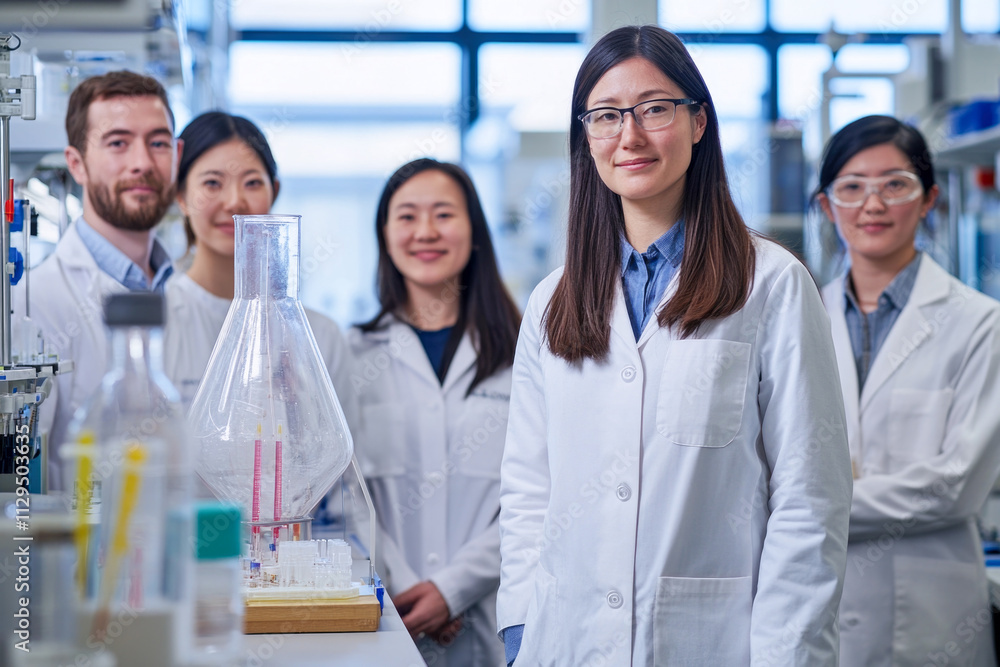 Fototapeta premium Asian and caucasian young scientists working in a laboratory setting