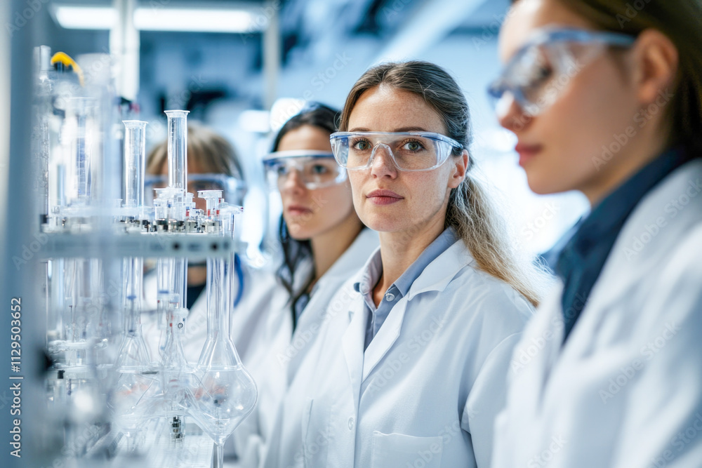 Group of female scientists working in a laboratory with test tubes and safety glasses Group of female scientists working in a laboratory with test tubes and safety glasses