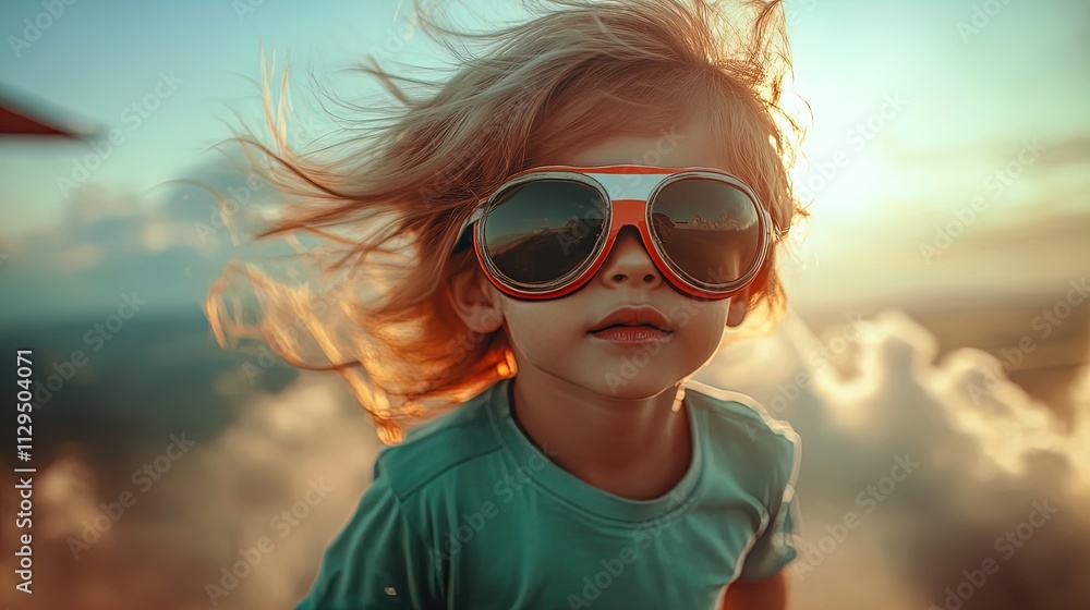 Adventurous Child Soaring Through Golden Clouds on a Retro Rocket: A Magical Sunset Scene Perfect for a Whimsical Sports Interior Poster Adventurous Child Soaring Through Golden Clouds on a Retro Rocket: A Magical Sunset Scene Perfect for a Whimsical Sports Interior Poster