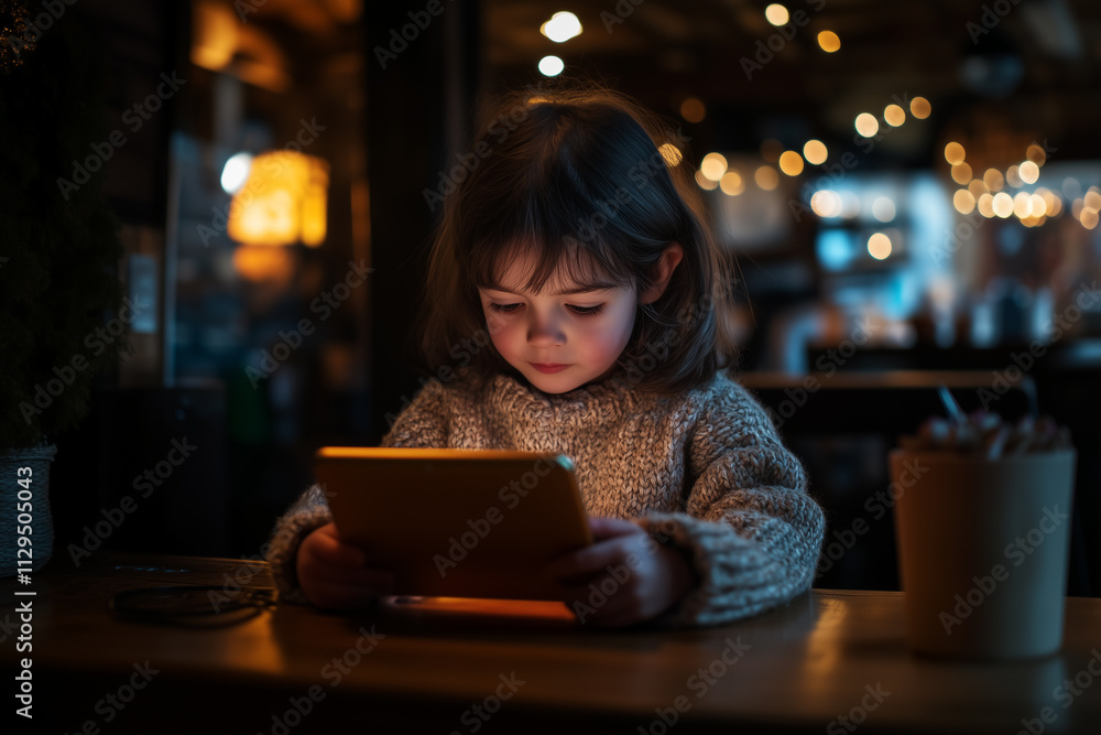 Child focused on a tablet while sitting in a cozy cafe during evening hours Child focused on a tablet while sitting in a cozy cafe during evening hours