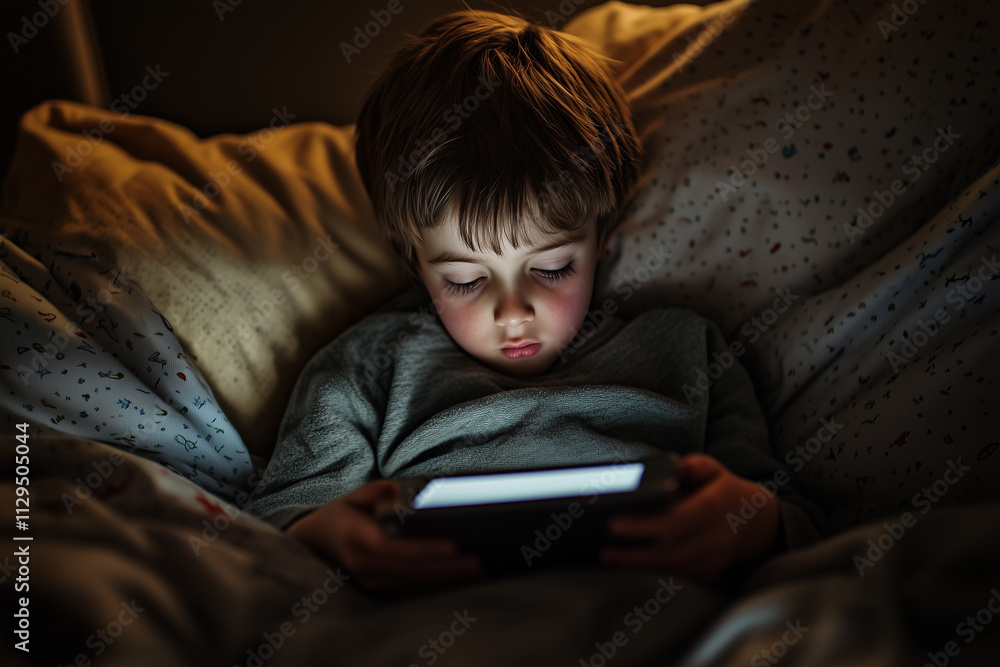 Child using a tablet in bed at night, focused on the screen with soft lighting illuminating the room Child using a tablet in bed at night, focused on the screen with soft lighting illuminating the room