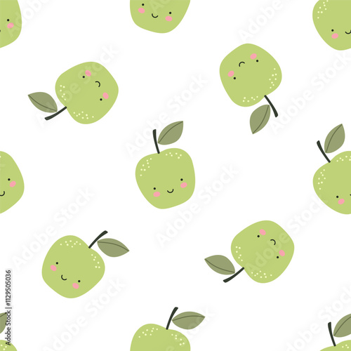 Seamless pattern with cute apple fruits on a white background. Vector illustration for printing. Cute children's background. Food and drinks