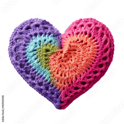 Crocheted multi-colored heart on a transparent background.