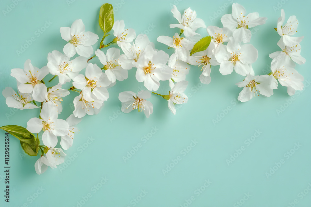 Fototapeta premium Delicate white cherry blossoms arranged on a mint green background