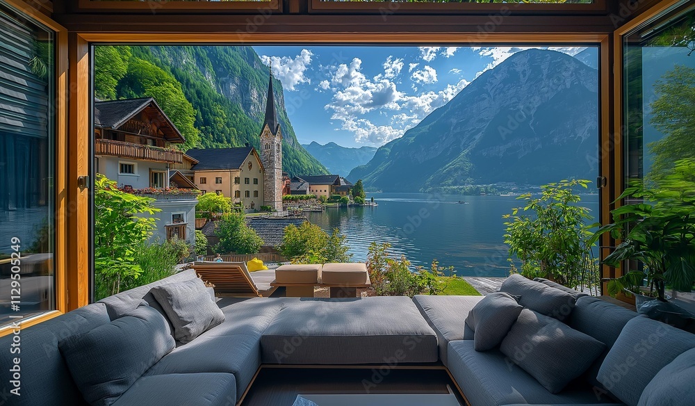 Fototapeta premium AI-generated images of Sofa, white marble background, European-style sofa with gold and silver embellishments,cozy, in a room with luxurious mirror room Overlooking the views of Hallstatt, Austria 