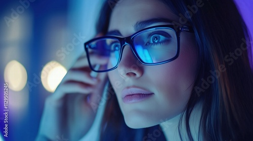 Close-up of a woman wearing blue light filter glasses in a futuristic neon environment. digital workspace