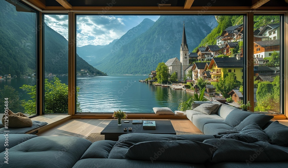 Fototapeta premium AI-generated images of Sofa, white marble background, European-style sofa with gold and silver embellishments,cozy, in a room with luxurious mirror room Overlooking the views of Hallstatt, Austria 