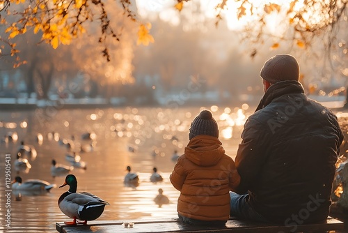 Father and child sitting by a lake during sunset watching ducks swimming