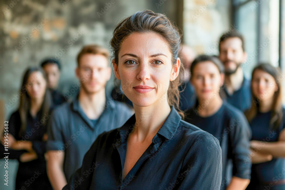 Fototapeta premium Confident caucasian female leader with diverse team in modern office setting