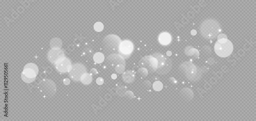 White bokeh with stars and sparkles, shiny overlay decoration isolated on grey background. Vector illustration.