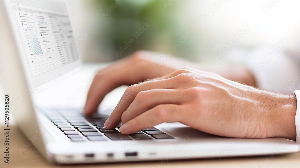Close-up of hands typing on laptop, displaying data analytics. Close-up of hands typing on laptop, displaying data analytics.