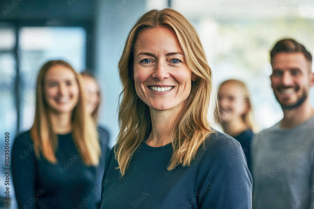 Confident caucasian female leader with team in professional setting Confident caucasian female leader with team in professional setting