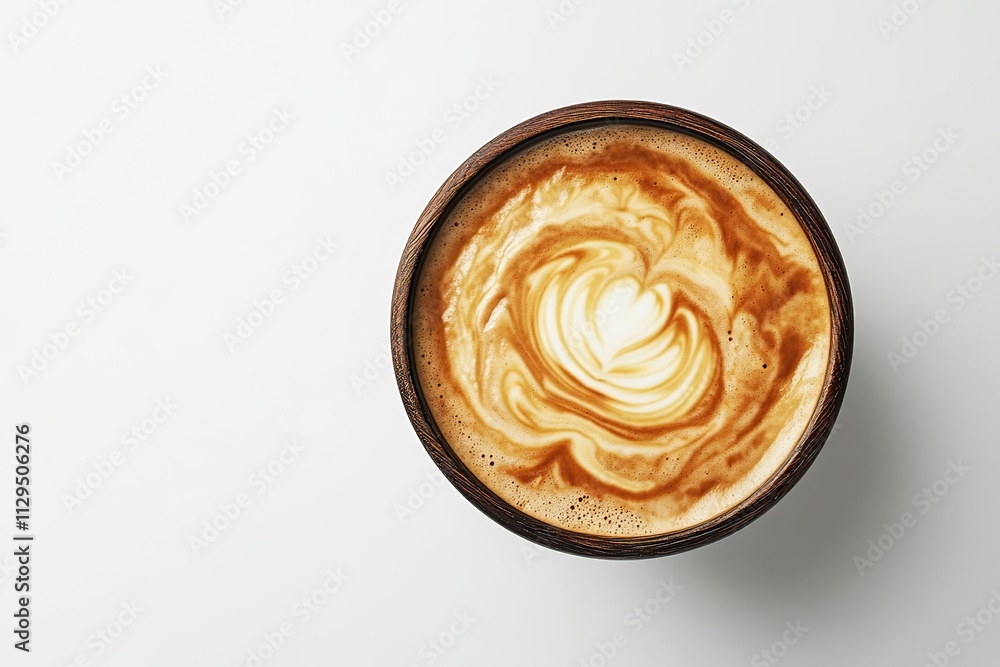 Cup of cappuccino with drawn heart on white background, flat lay