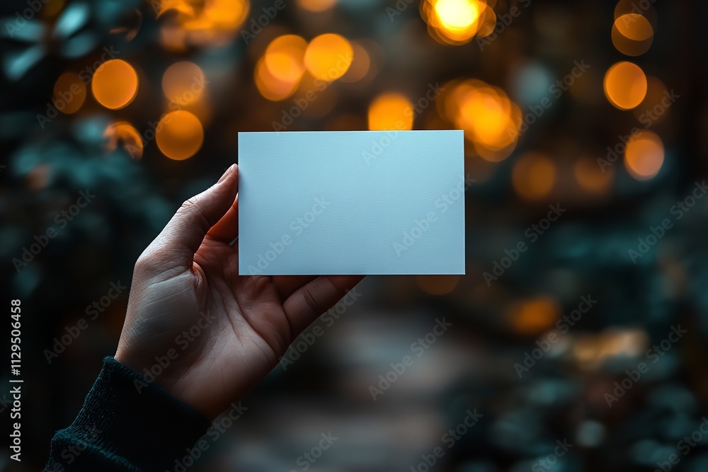 hand holding clear straightforward commerce card/ mockup/template in obscured brilliant bokeh foundation,