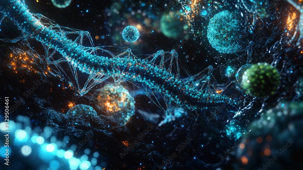 Microscopic DNA Strand Cellular Structure Glowing Particles Science Background Microscopic DNA Strand Cellular Structure Glowing Particles Science Background