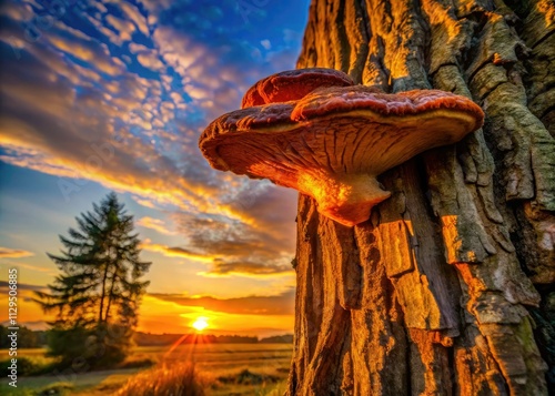 Ancient tree, silhouetted chaga mushroom, majestic nature's art. photo