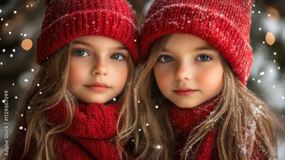 Two twin girls stand closely together, both wearing matching red knitted hats and scarves. Soft snowflakes fall around them, creating a charming winter atmosphere. Two twin girls stand closely together, both wearing matching red knitted hats and scarves. Soft snowflakes fall around them, creating a charming winter atmosphere.