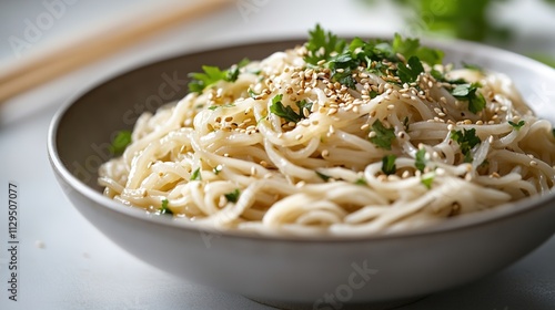 top-down view of bowl of gluten-free rice noodles garnished with sesame seeds and fresh herbs displayed on clean table