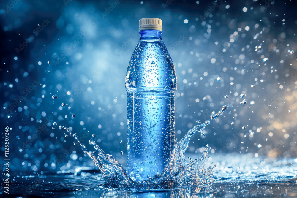 Refreshing water splashing around clear plastic bottle on blue background Refreshing water splashing around clear plastic bottle on blue background