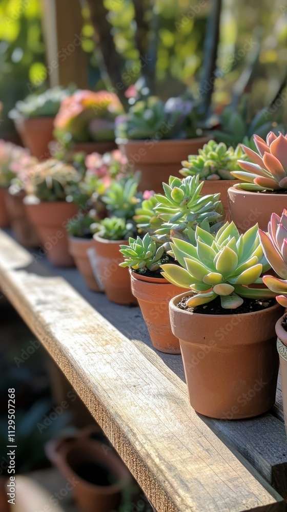 Succulent plants displayed on wooden shelf in bright natural light during afternoon Succulent plants displayed on wooden shelf in bright natural light during afternoon