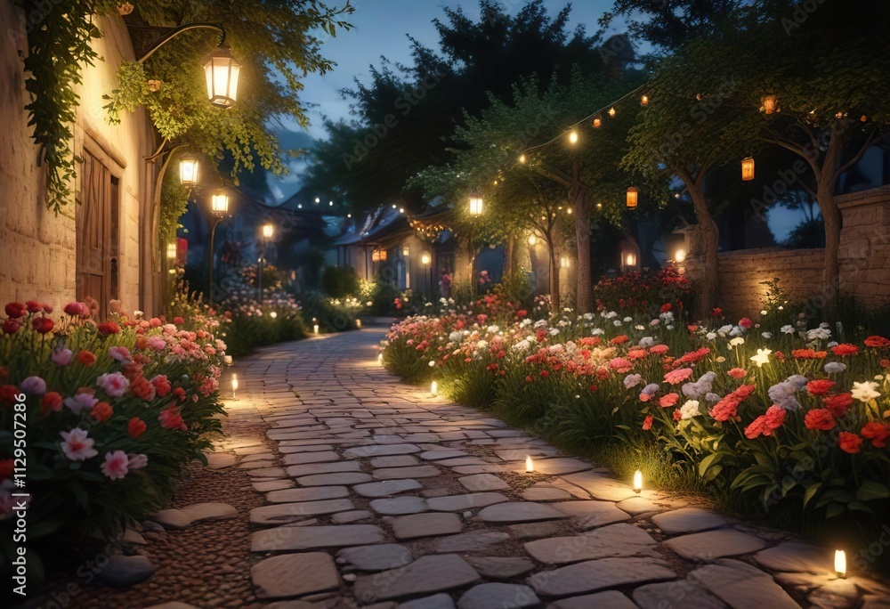 Fototapeta premium Illuminated garden path with festive lanterns and flowers, soft lighting, holiday decorations
