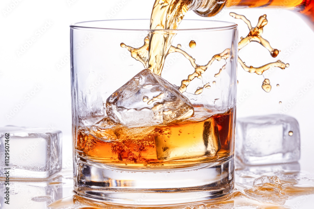 Refreshing pour of whiskey with ice in a glass Refreshing pour of whiskey with ice in a glass
