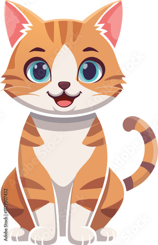 A cute cartoon cat with orange stripes and big blue eyes, smiling happily