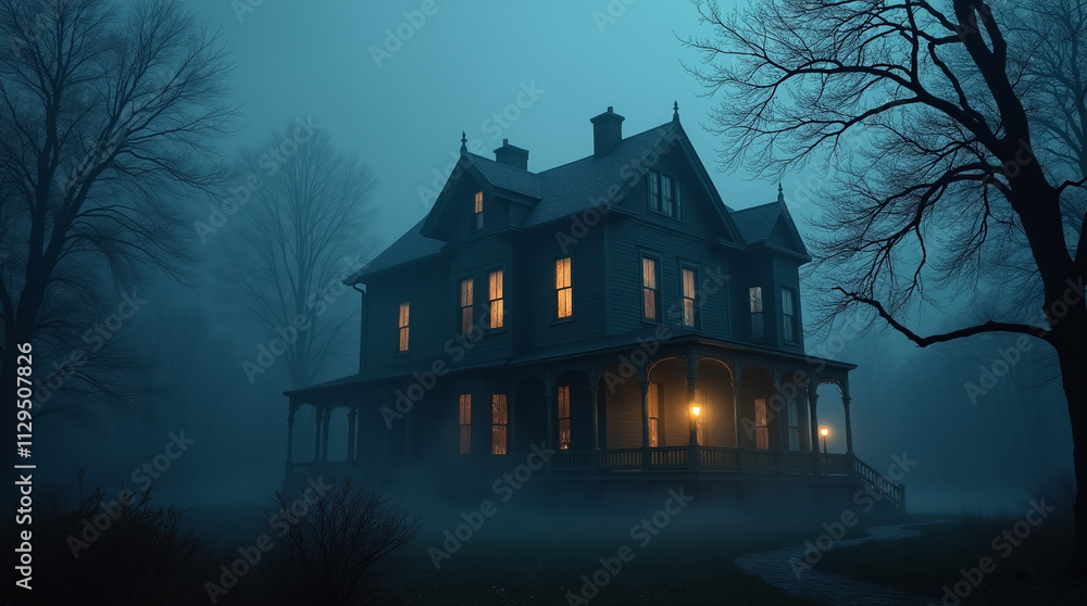 Haunted Mansion in Fog, Halloween Spooky Scare House with Ghosts Haunted Mansion in Fog, Halloween Spooky Scare House with Ghosts