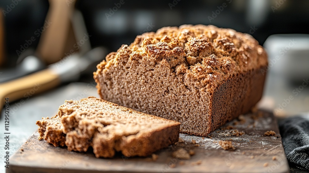 top-down view of gluten-free bread loaf sliced and placed on cutting board with blurred baking tools in background top-down view of gluten-free bread loaf sliced and placed on cutting board with blurred baking tools in background