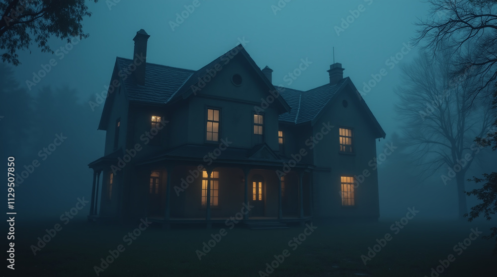 Haunted Mansion in Fog, Halloween Spooky Scare House with Ghosts Haunted Mansion in Fog, Halloween Spooky Scare House with Ghosts