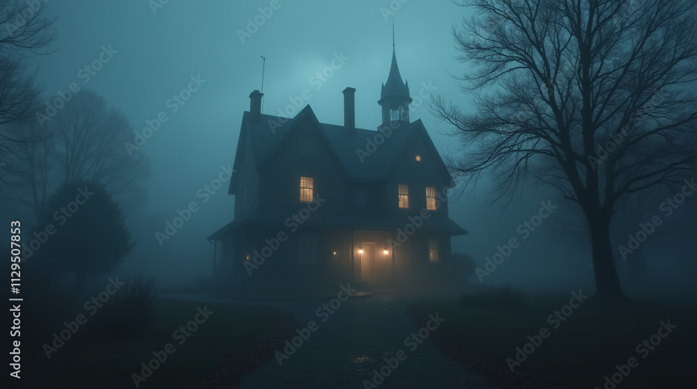 Haunted Mansion in Fog, Halloween Spooky Scare House with Ghosts Haunted Mansion in Fog, Halloween Spooky Scare House with Ghosts