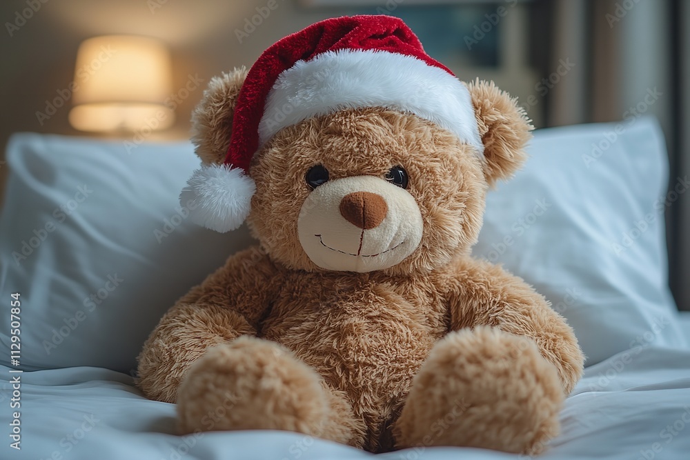 Obraz premium teddy bear with a Santa cap sits next to a child in a healing center bed, advertising consolation and companionship amid a troublesome time. A image of trust, strength, and care in minutes of hardship