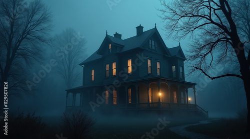 Haunted Mansion in Fog, Halloween Spooky Scare House with Ghosts