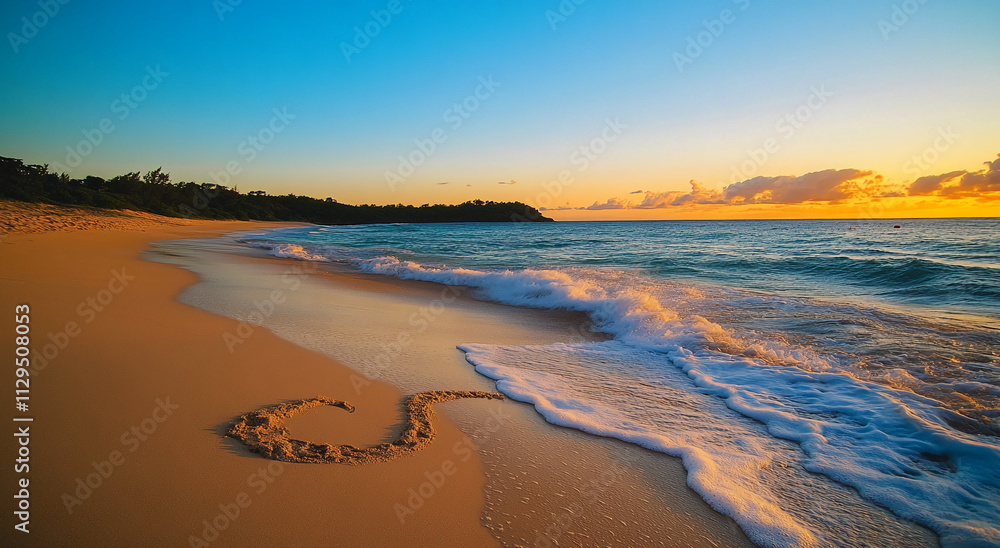 Obraz premium Beautiful sunset over a tranquil beach with gentle waves and soft sand creating a serene atmosphere at dusk